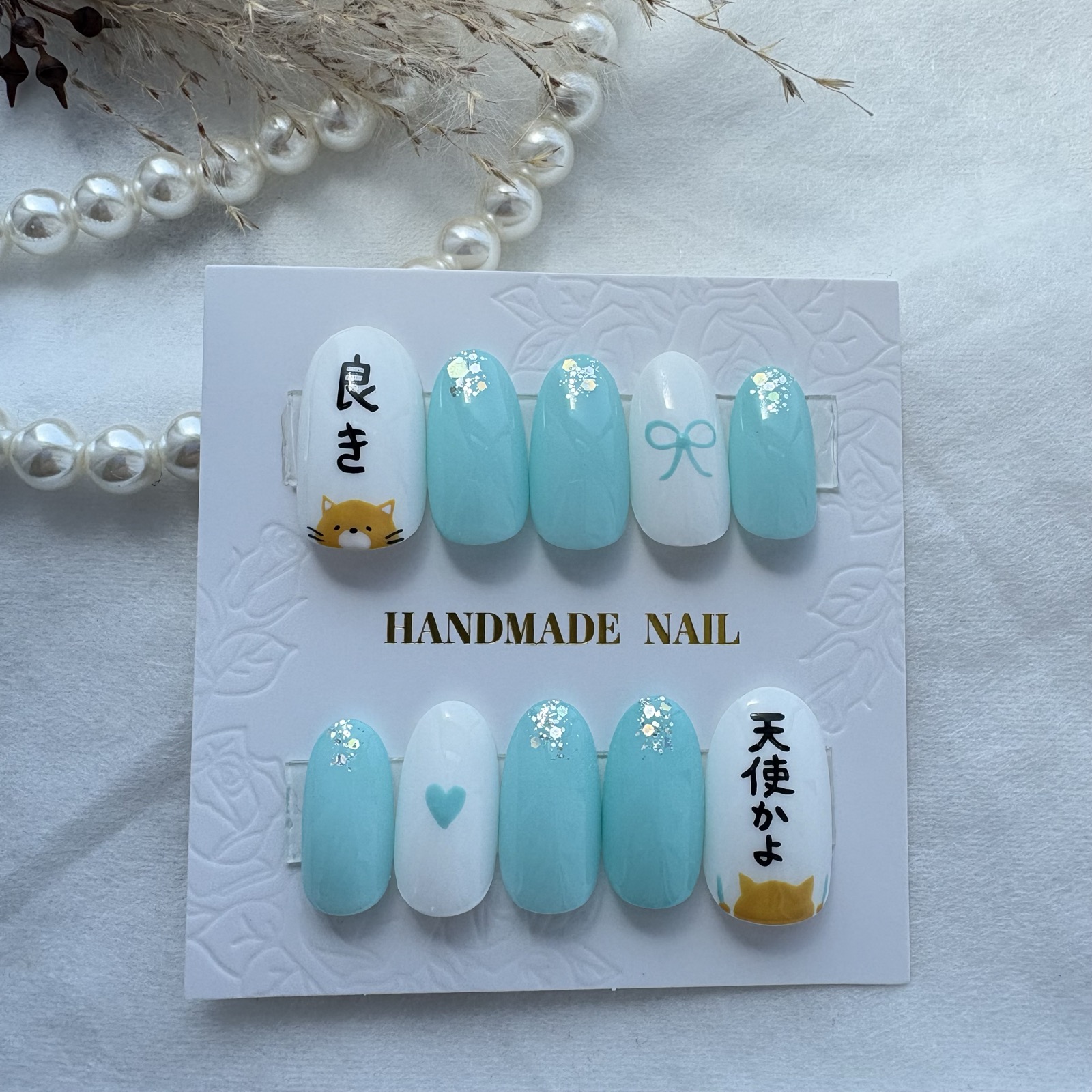 推し活ネイルチップ 天使かよ オタク文字入り ブルー×うさぎ Y.nail作品