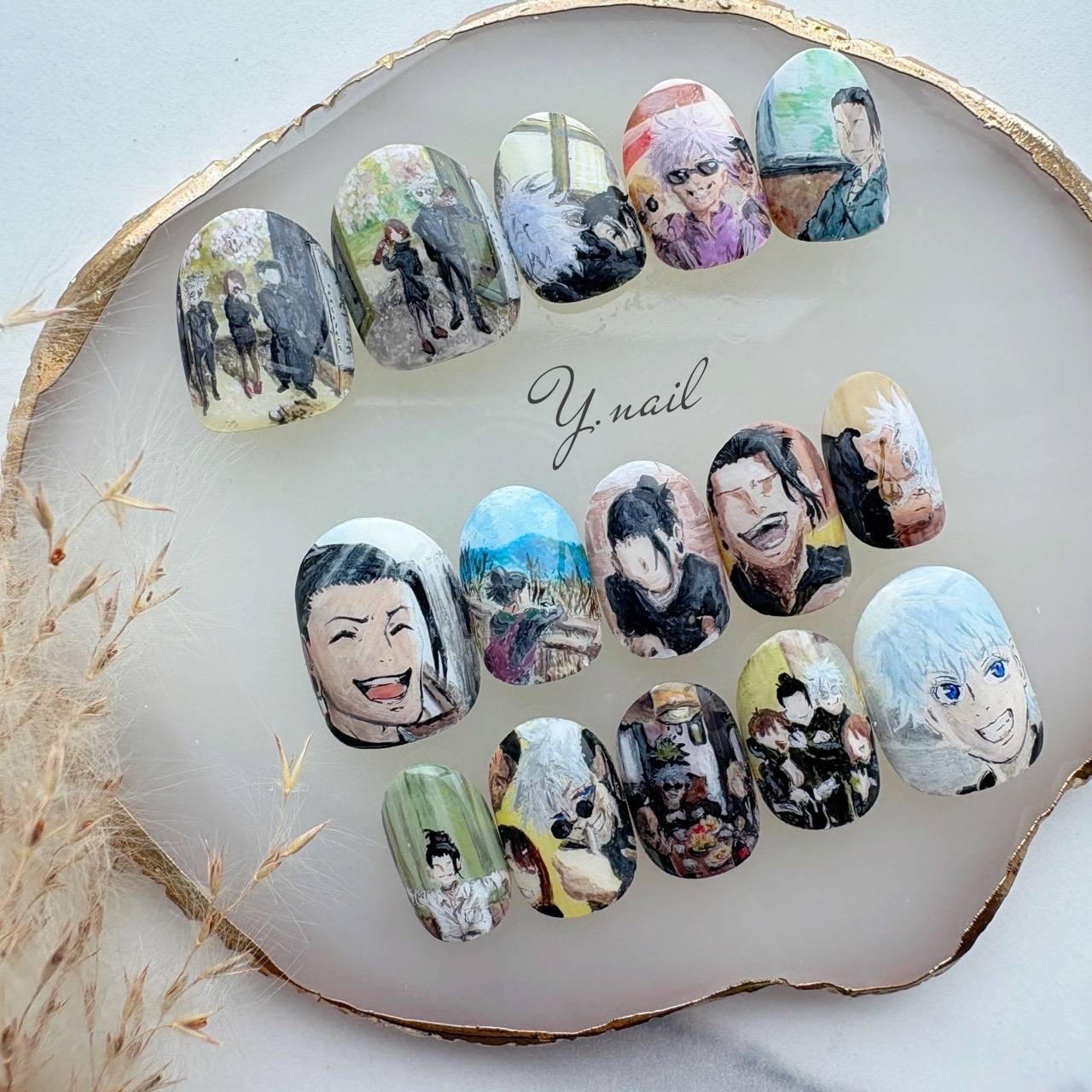思い出の場面を一枚ずつ手描きしたオーダーメイドネイルチップ 15本 Y.nail