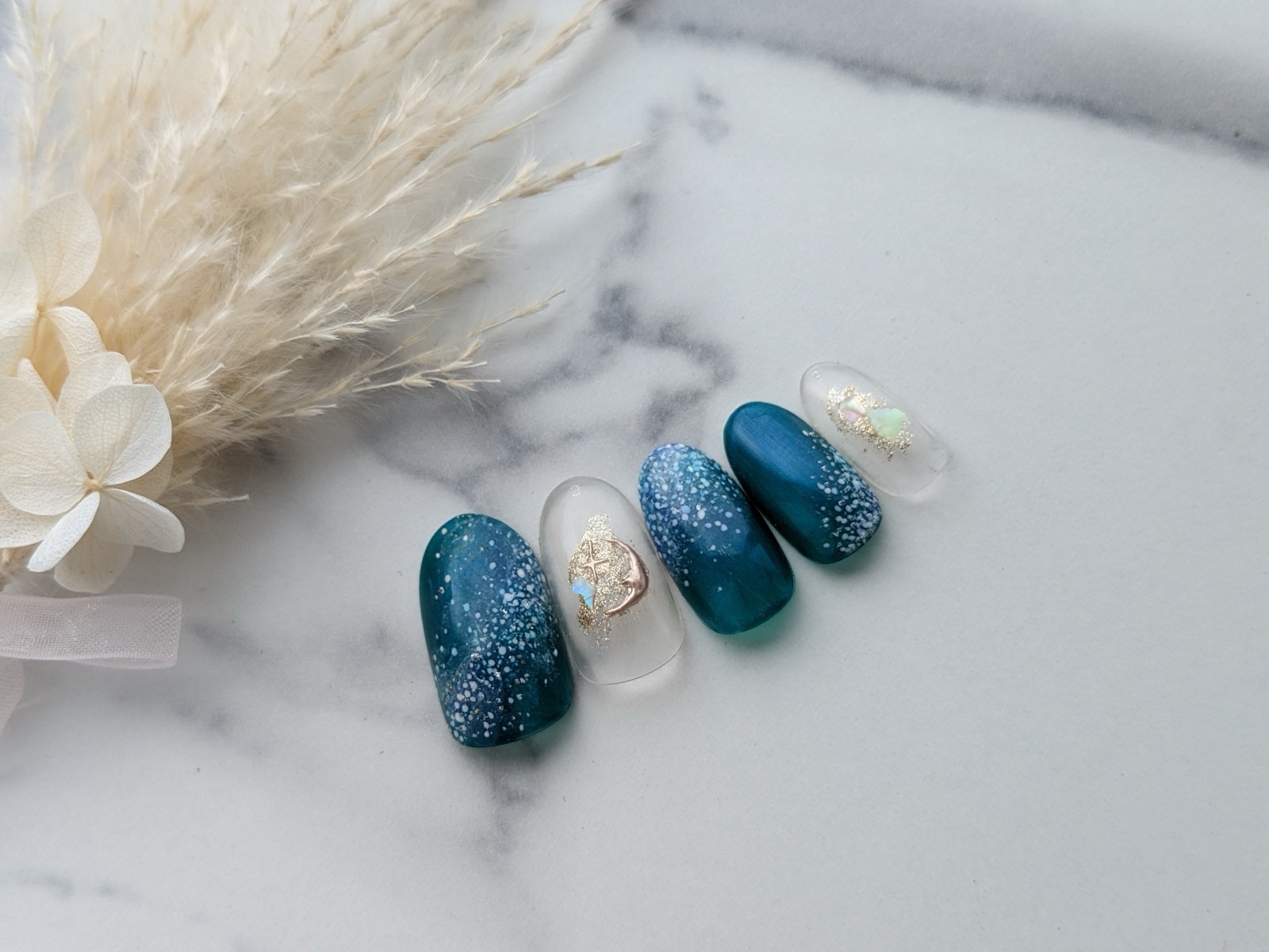 七夕ネイル 星降る夜空と月 ブルーグリーン Y.nail作品