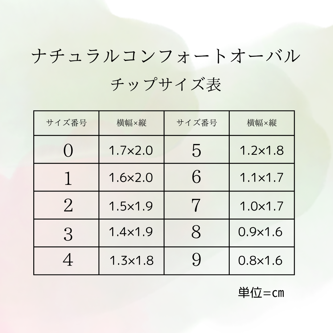 ナチュラルコンフォートオーバル ネイルチップ サイズ表