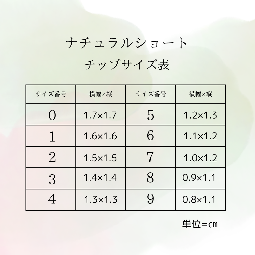 ナチュラルショート ネイルチップ サイズ表