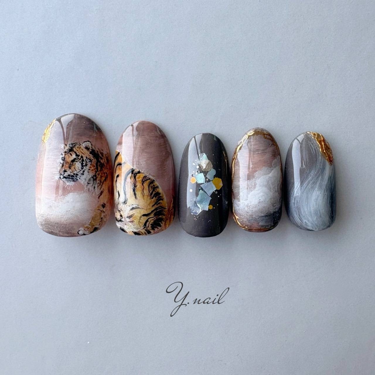 大橋翠石 虎 絵画ネイルチップ ハンドメイド